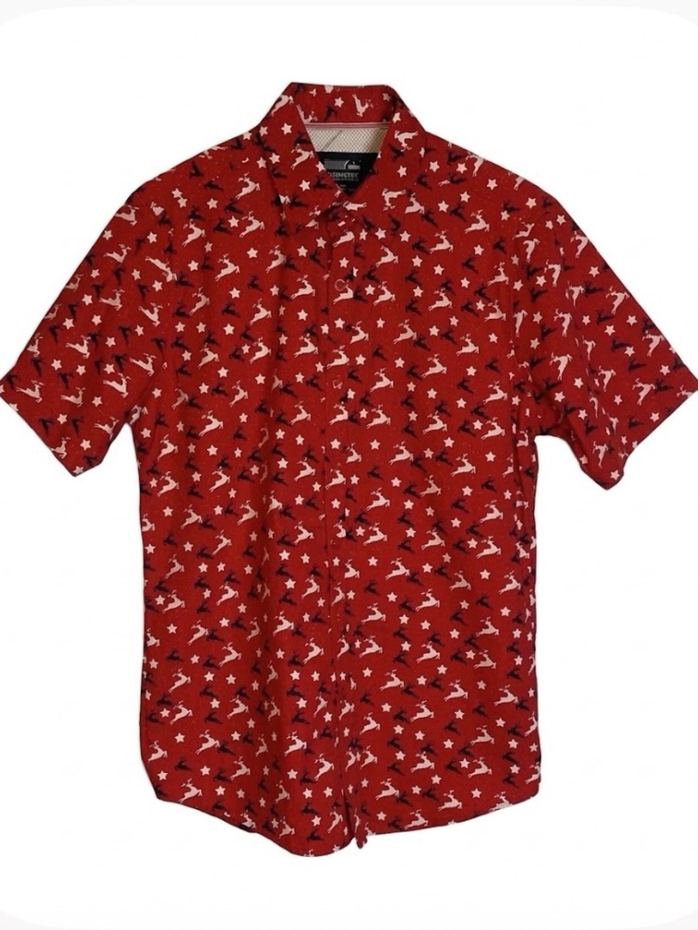 MONUMENT Reindeer Stars Casual Button Up Shirt, Men’s M, Red White Black